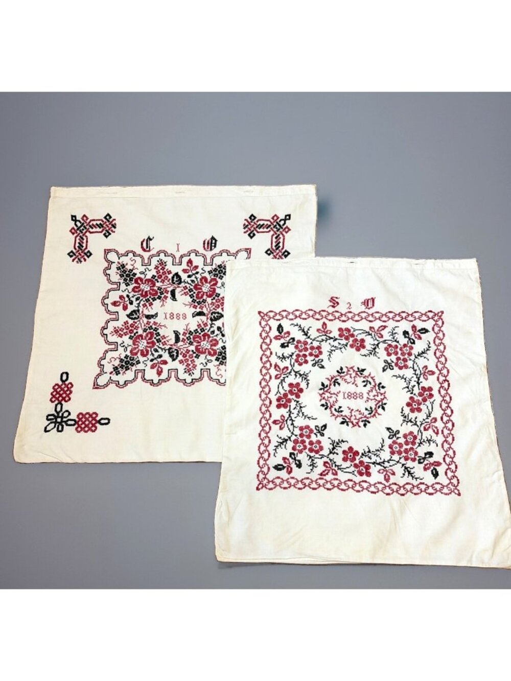 Antique Ukrainian Embroidered Pillow Covers Set Of 2 Folk Cottage Handmade 16X16